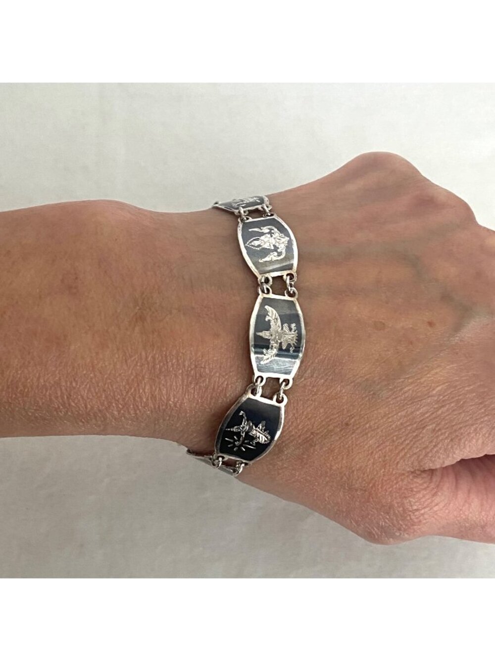 Signed SIAM Thai Sterling Silver 925 Black Niello Garuda Panel Bracelet 6.75"